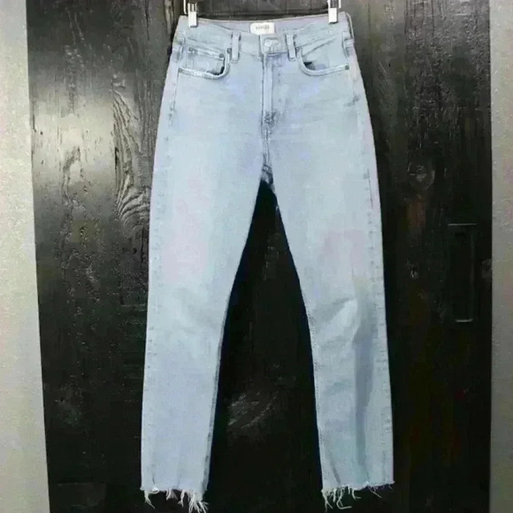 AGOLDE Merrel Straight Midwash Light Blue Raw Hem Jeans Women 25 - Picture 2 of 12